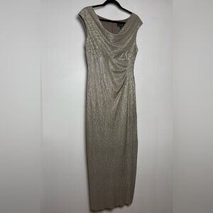 Connected Apparel Metallic Gold Draped Evening Dress Size 10